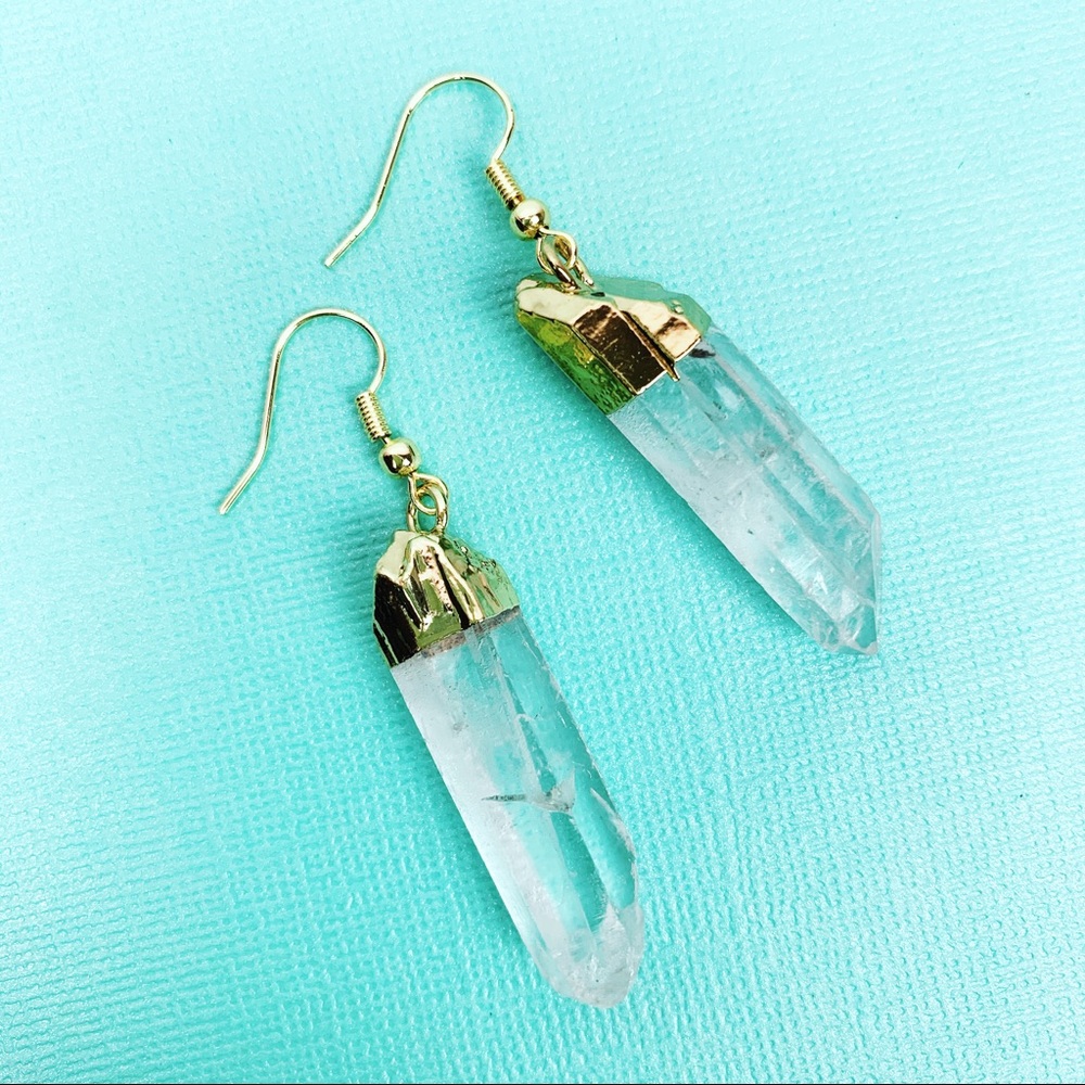 Natural Quartz Dangle Earrings, Gold Plated